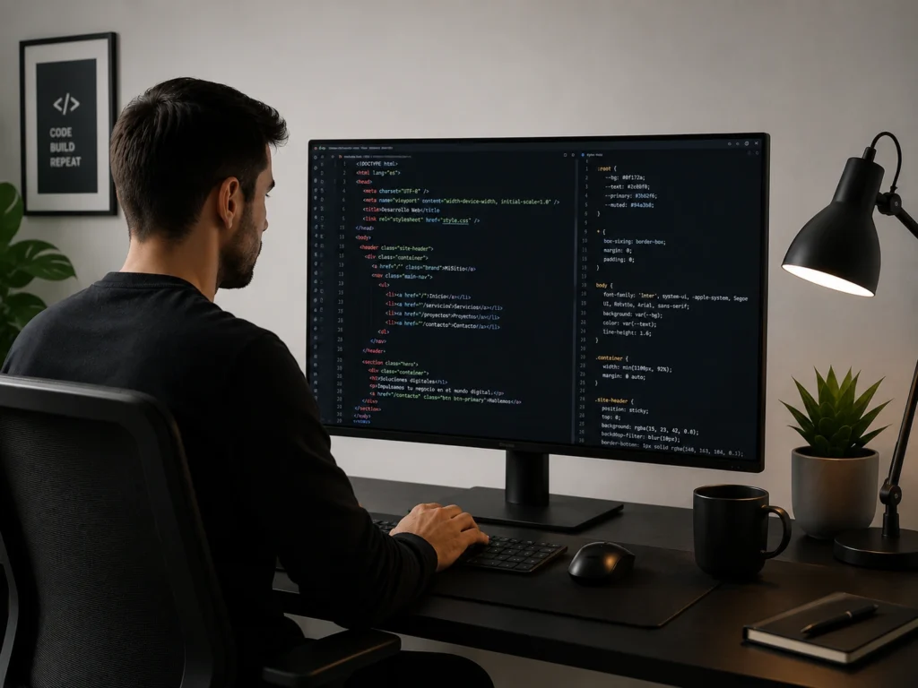 Profesional del desarrollo web trabajando en la programación y creación de un sitio web desde una estación de trabajo moderna y minimalista.