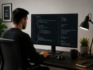 Profesional del desarrollo web trabajando en la programación y creación de un sitio web desde una estación de trabajo moderna y minimalista.