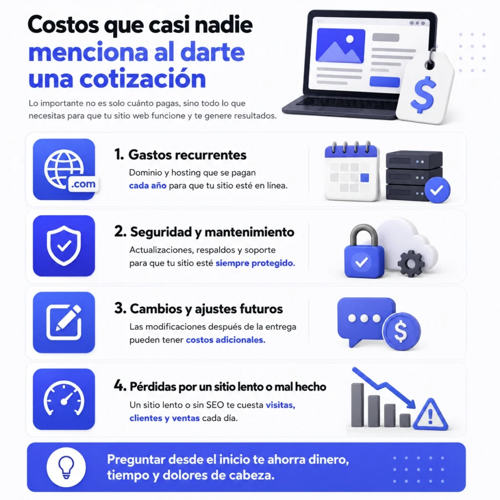 Infografía sobre los costos ocultos al crear una página web en México, incluyendo dominio, hosting, mantenimiento, cambios posteriores y optimización de rendimiento.