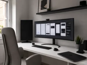 Espacio de trabajo profesional para desarrollo web con monitor ultrapanorámico y pantalla secundaria apagada, representando los servicios y costos de crear una página web en México.