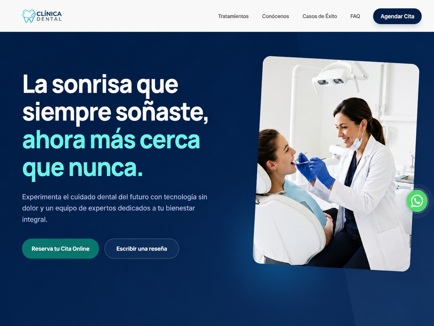 Diseño de la sección principal para la página web de una clínica dental en León, con tonos azules oscuros y la foto de una dentista atendiendo a su paciente.