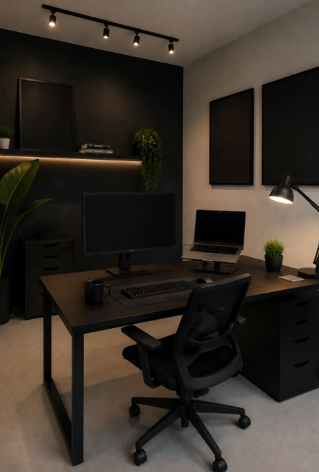 Espacio de trabajo moderno y minimalista de una agencia con servicio de desarrollo web, mostrando un escritorio negro con monitor, laptop y lámpara encendida.