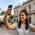 Una mujer joven con rasgos mexicanos sonríe mientras se toma una selfie en una calle de Mérida, Yucatán. Lleva una blusa de color claro con estampado floral azul y amarillo, un collar con una cruz y el cabello recogido de forma casual. Al fondo se aprecia el Paseo de Montejo con sus edificios históricos de arquitectura clásica, árboles coloniales y una tradicional calesa con caballos en la calle bajo un cielo despejado.
