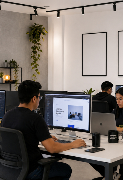 Estudio moderno de diseño de páginas web en Mérida, Yucatán, con un equipo de diseñadores y desarrolladores creando sitios web profesionales en un espacio minimalista.