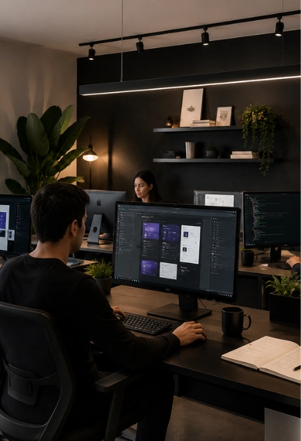 Estudio moderno de diseño de páginas web en Querétaro con un equipo de diseñadores trabajando en proyectos de desarrollo web.